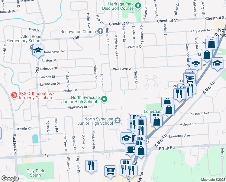 map of restaurants, bars, coffee shops, grocery stores, and more near 331 Belmore Drive in Syracuse