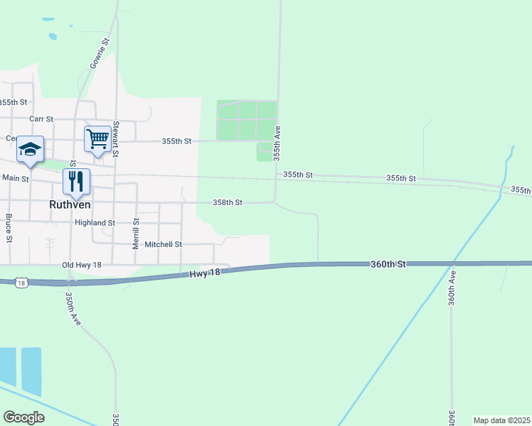 map of restaurants, bars, coffee shops, grocery stores, and more near 355th Avenue in Ruthven