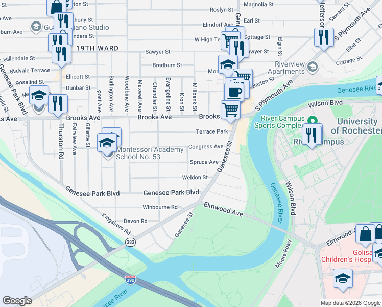 map of restaurants, bars, coffee shops, grocery stores, and more near 106 Congress Avenue in Rochester