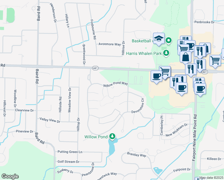 map of restaurants, bars, coffee shops, grocery stores, and more near 40 Willow Pond Way in Penfield