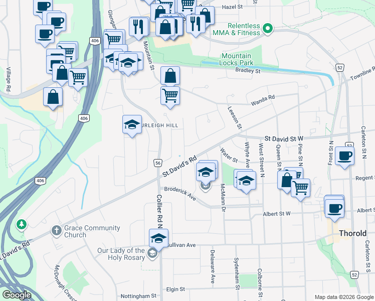 map of restaurants, bars, coffee shops, grocery stores, and more near 4 Allanburg Road South in St. Catharines