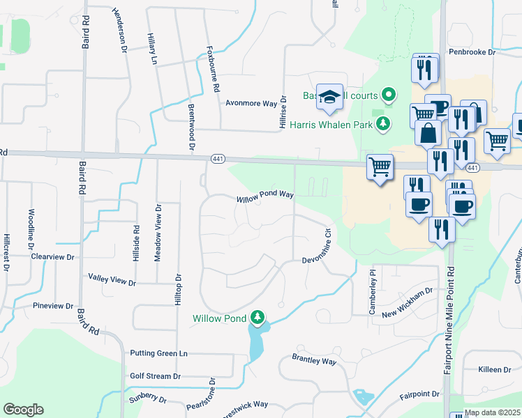 map of restaurants, bars, coffee shops, grocery stores, and more near 40 Willow Pond Way in Penfield
