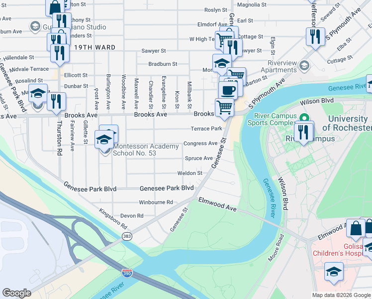 map of restaurants, bars, coffee shops, grocery stores, and more near 106 Congress Avenue in Rochester