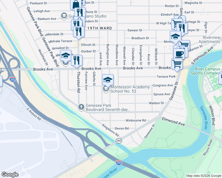 map of restaurants, bars, coffee shops, grocery stores, and more near 68 Virginia Avenue in Rochester