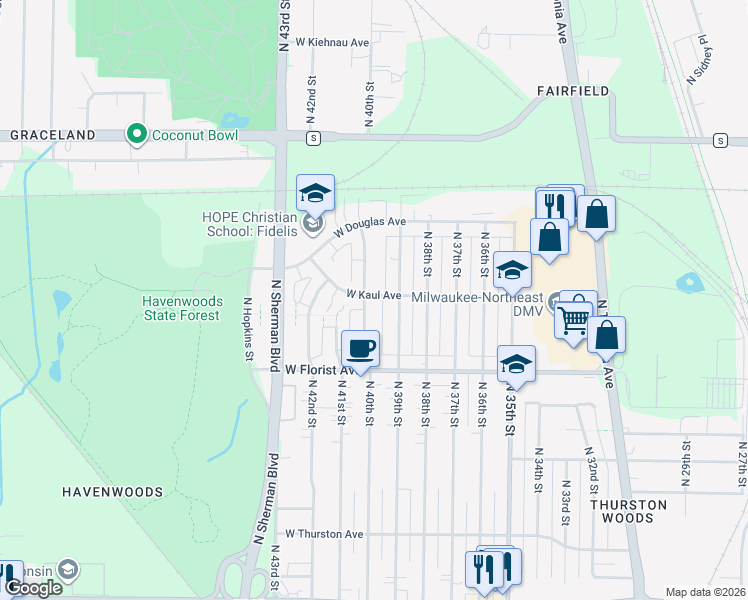 map of restaurants, bars, coffee shops, grocery stores, and more near 6125 North 39th Street in Milwaukee