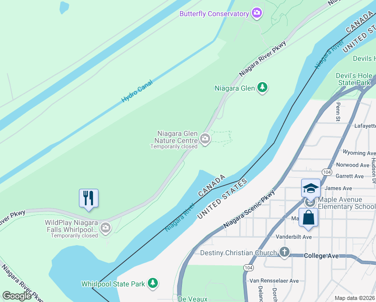 map of restaurants, bars, coffee shops, grocery stores, and more near 0 Niagara River Parkway in Niagara Falls
