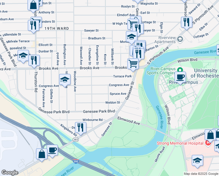 map of restaurants, bars, coffee shops, grocery stores, and more near 6 Custer Street in Rochester