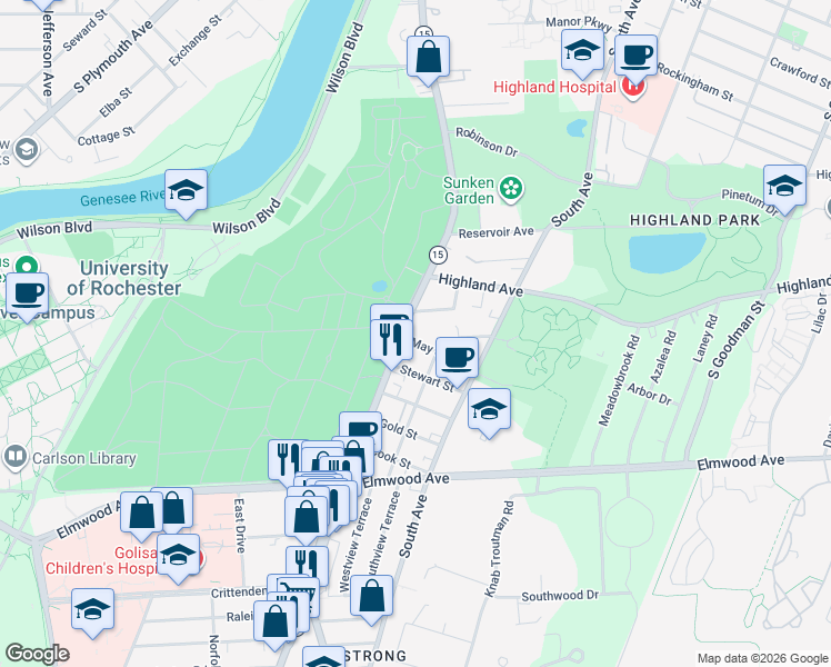 map of restaurants, bars, coffee shops, grocery stores, and more near 15 Furman Crescent in Rochester