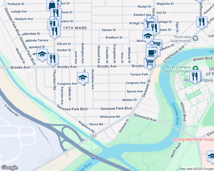 map of restaurants, bars, coffee shops, grocery stores, and more near 218 Congress Avenue in Rochester