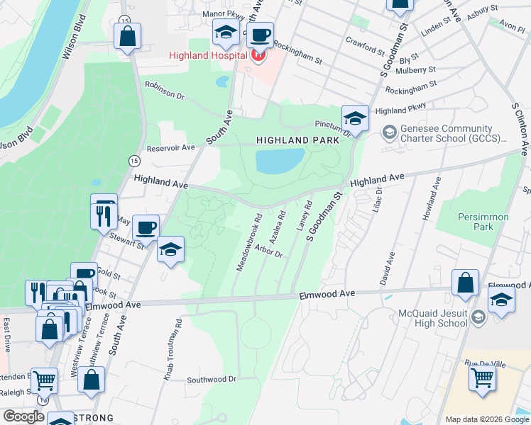 map of restaurants, bars, coffee shops, grocery stores, and more near 230 Highland Avenue in Rochester