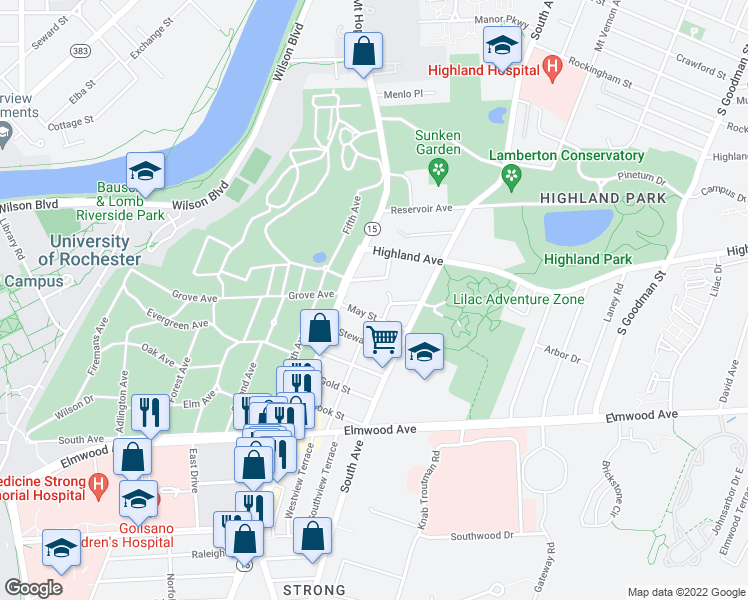 map of restaurants, bars, coffee shops, grocery stores, and more near 15 Furman Crescent in Rochester