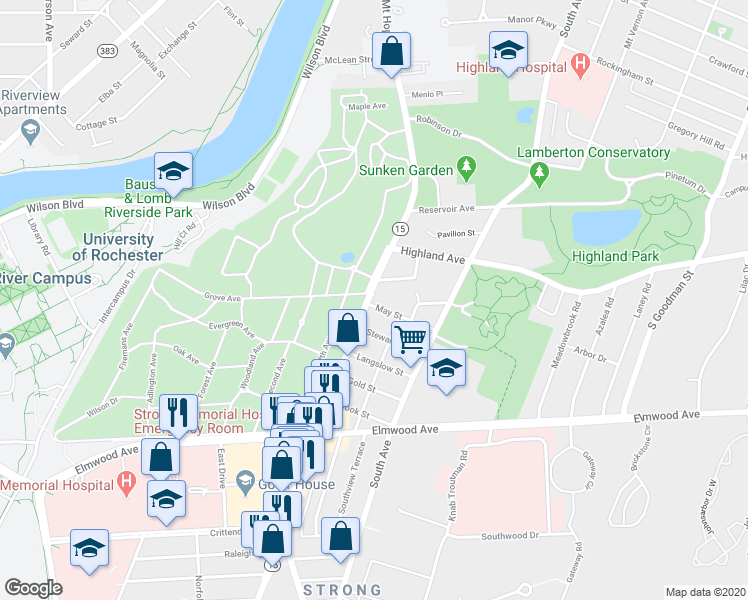 map of restaurants, bars, coffee shops, grocery stores, and more near 15 Furman Crescent in Rochester