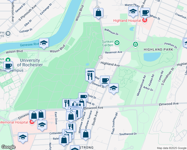 map of restaurants, bars, coffee shops, grocery stores, and more near 15 Furman Crescent in Rochester
