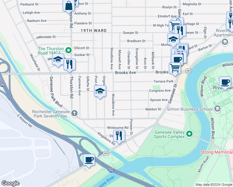 map of restaurants, bars, coffee shops, grocery stores, and more near 272 Congress Avenue in Rochester