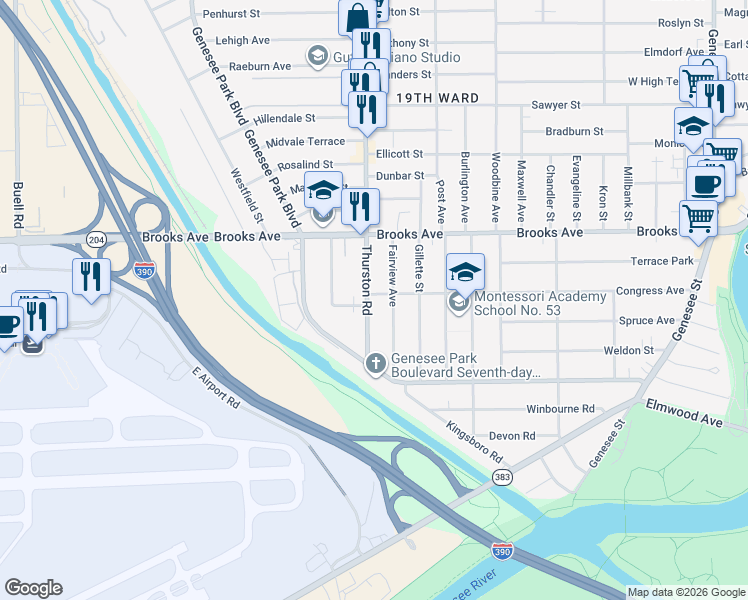 map of restaurants, bars, coffee shops, grocery stores, and more near 764 Thurston Road in Rochester