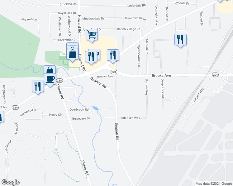 map of restaurants, bars, coffee shops, grocery stores, and more near 429 Old Beahan Road in Rochester