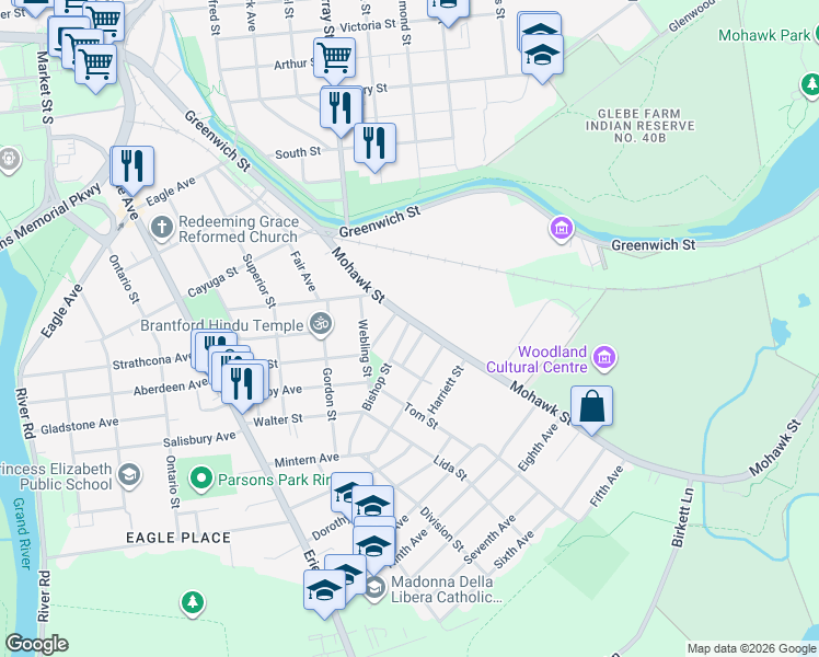 map of restaurants, bars, coffee shops, grocery stores, and more near in Brantford