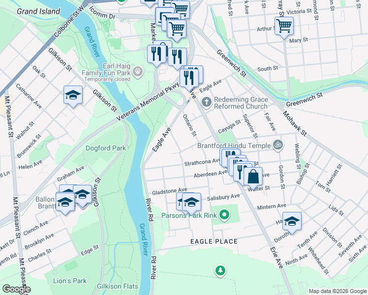 map of restaurants, bars, coffee shops, grocery stores, and more near 24 Foster Street in Brantford