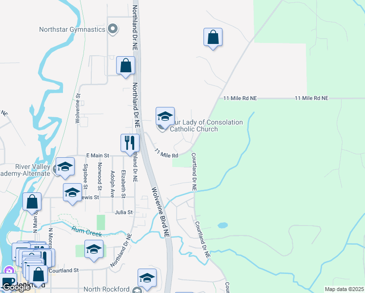 map of restaurants, bars, coffee shops, grocery stores, and more near 4951 11 Mile Rd NE in Rockford