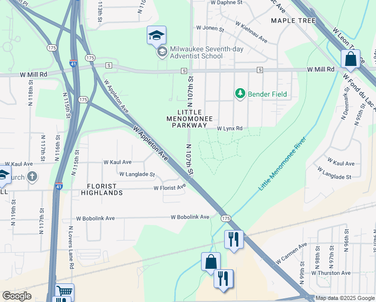 map of restaurants, bars, coffee shops, grocery stores, and more near 6157 North 107th Street in Milwaukee
