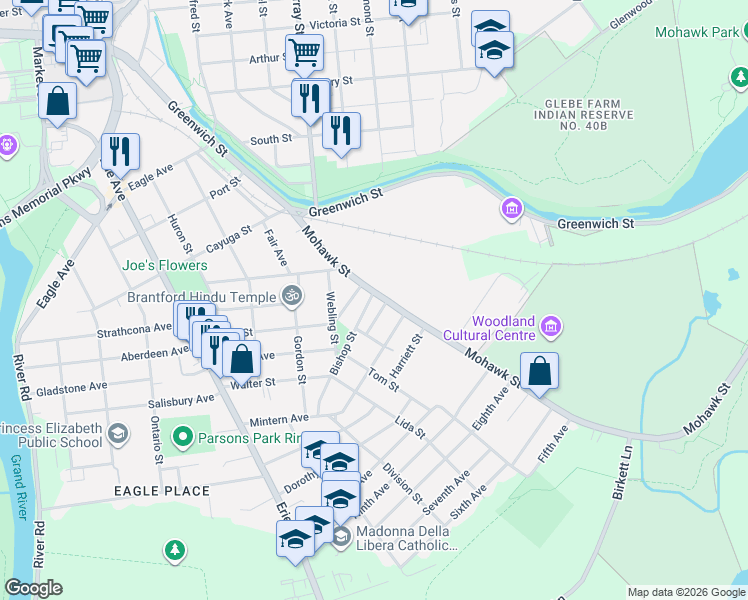 map of restaurants, bars, coffee shops, grocery stores, and more near 77 Mohawk Street in Brantford