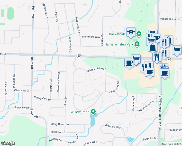 map of restaurants, bars, coffee shops, grocery stores, and more near 40 Willow Pond Way in Penfield