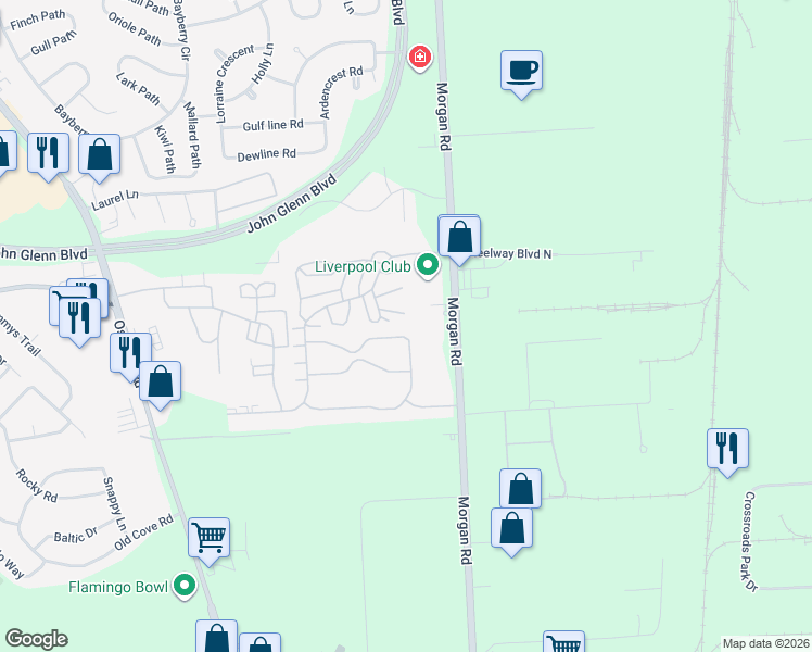 map of restaurants, bars, coffee shops, grocery stores, and more near 14 Galloway Drive in Liverpool