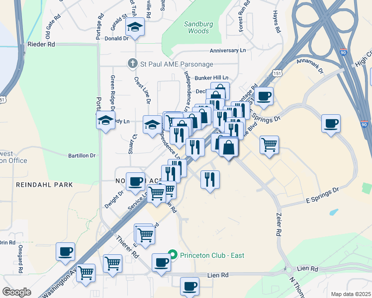 map of restaurants, bars, coffee shops, grocery stores, and more near 4510 East Washington Avenue in Madison