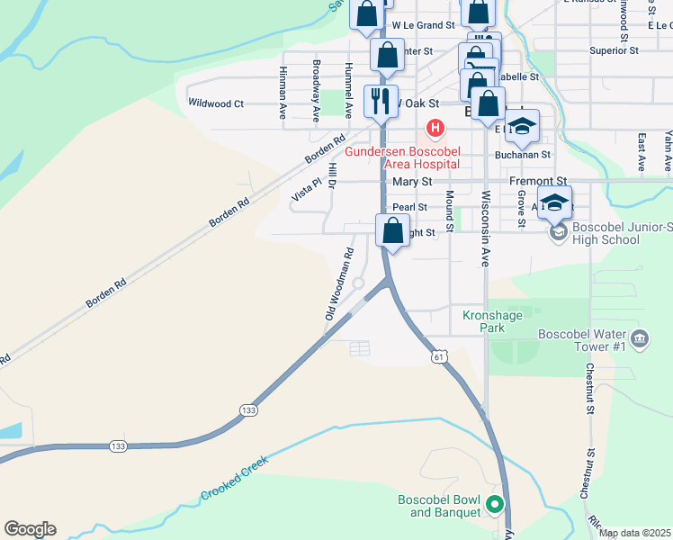 map of restaurants, bars, coffee shops, grocery stores, and more near 1502 Old Woodman Road in Boscobel
