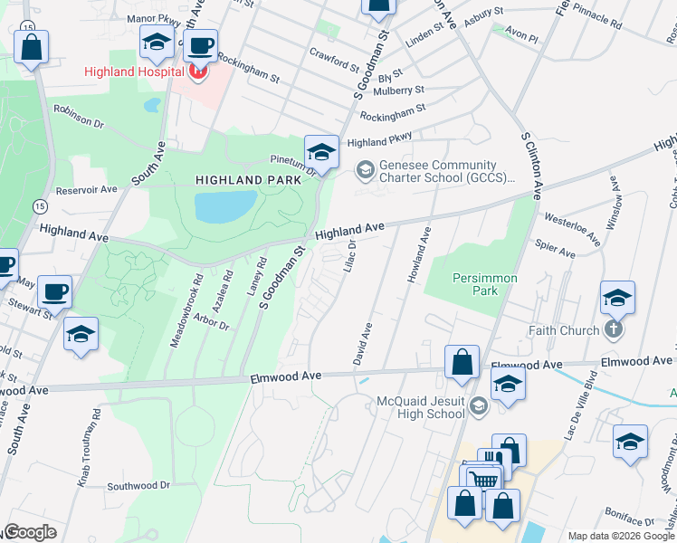 map of restaurants, bars, coffee shops, grocery stores, and more near 9 Lilac Drive in Rochester