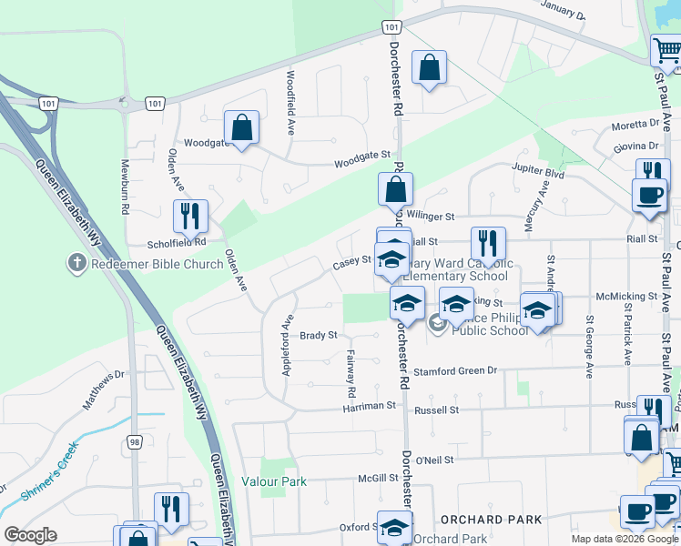 map of restaurants, bars, coffee shops, grocery stores, and more near 7030 Casey Street in Niagara Falls
