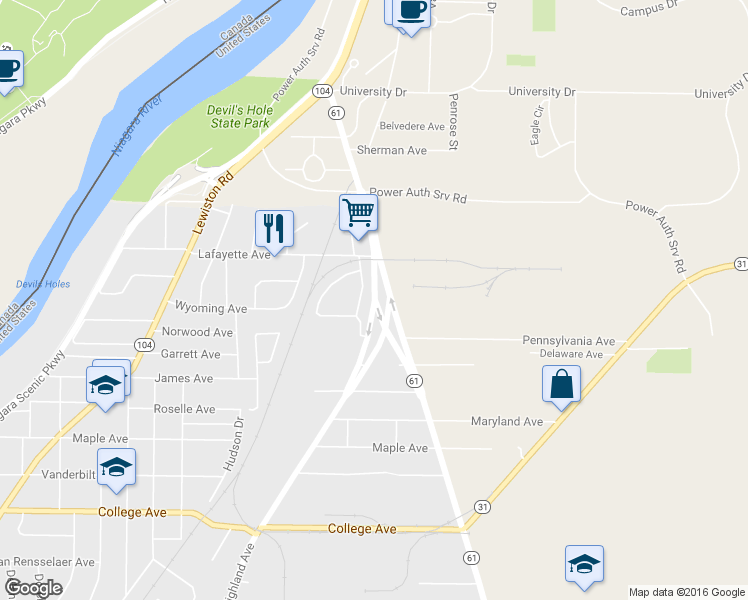 map of restaurants, bars, coffee shops, grocery stores, and more near 5836 Highland Avenue in Niagara Falls