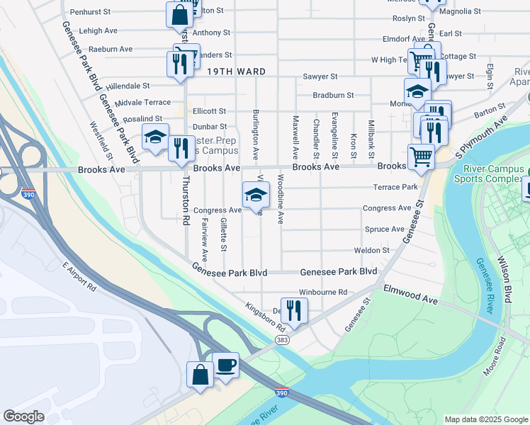 map of restaurants, bars, coffee shops, grocery stores, and more near 92 Virginia Avenue in Rochester