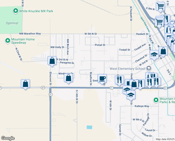 map of restaurants, bars, coffee shops, grocery stores, and more near 345 Bradford Street in Mountain Home