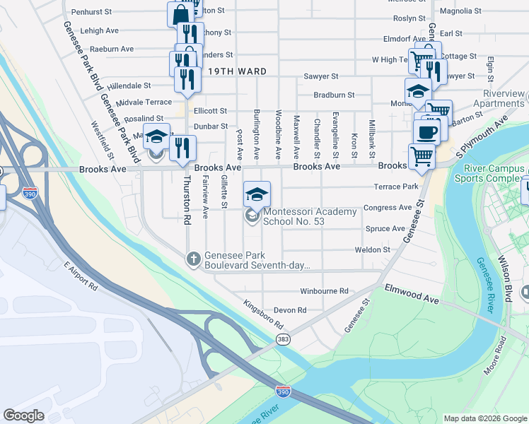 map of restaurants, bars, coffee shops, grocery stores, and more near 68 Virginia Avenue in Rochester