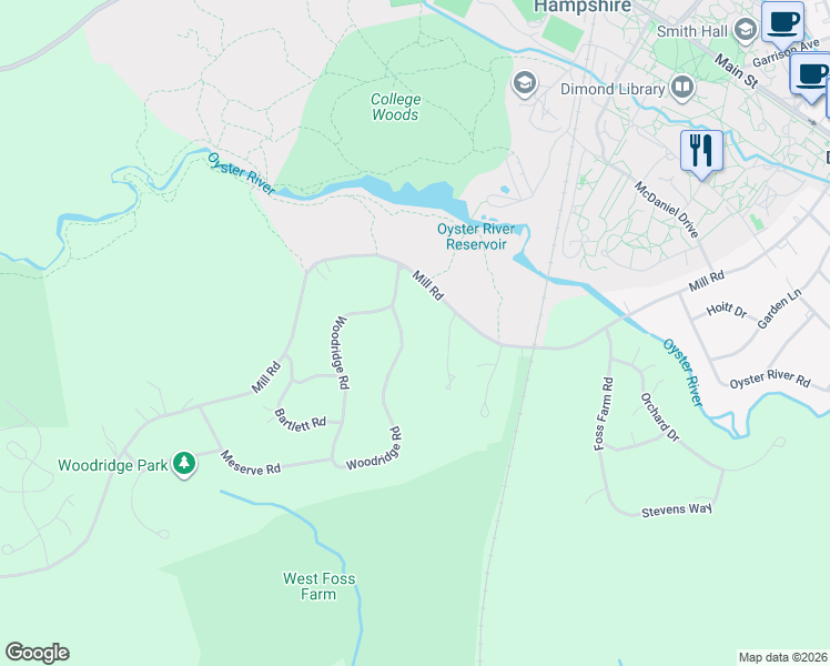 map of restaurants, bars, coffee shops, grocery stores, and more near 48 Woodridge Road in Durham