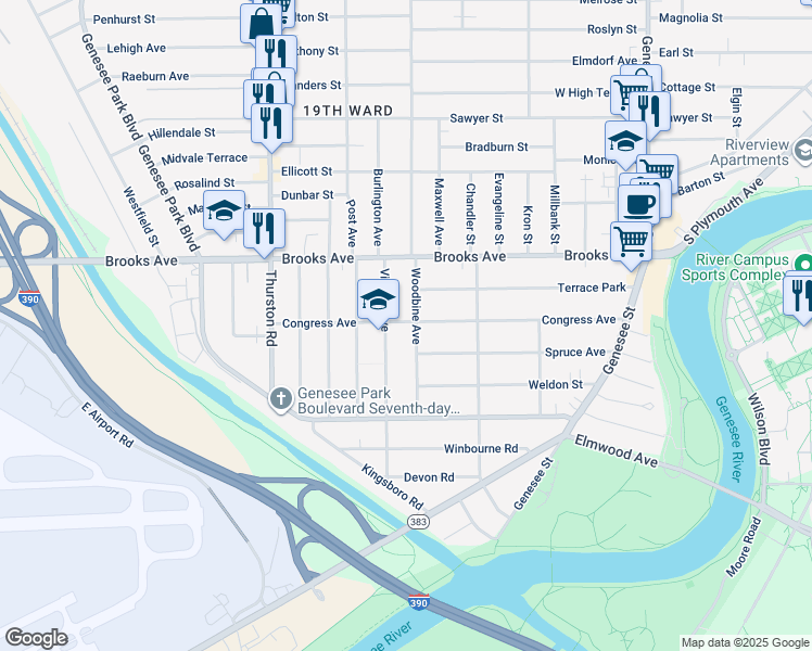 map of restaurants, bars, coffee shops, grocery stores, and more near 68 Virginia Avenue in Rochester