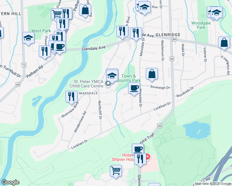 map of restaurants, bars, coffee shops, grocery stores, and more near 14 Aberdeen Circle in Saint Catharines