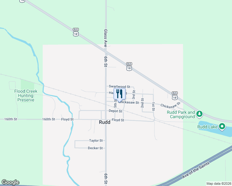 map of restaurants, bars, coffee shops, grocery stores, and more near 398 5th St in Rudd