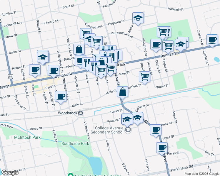 map of restaurants, bars, coffee shops, grocery stores, and more near 67 Burtch Street in Woodstock