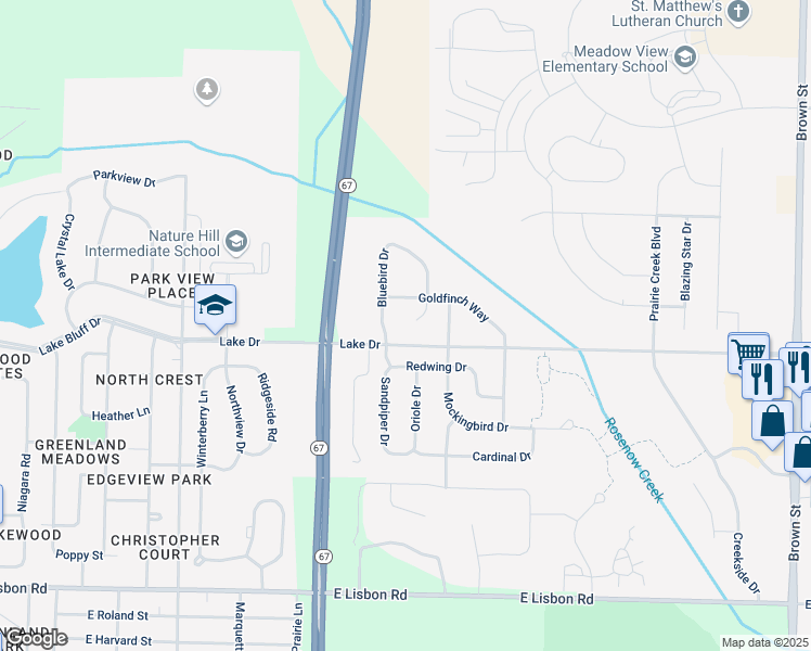 map of restaurants, bars, coffee shops, grocery stores, and more near 1199 Goldfinch Way in Oconomowoc
