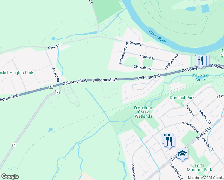 map of restaurants, bars, coffee shops, grocery stores, and more near 620 Colborne Street West in Brantford