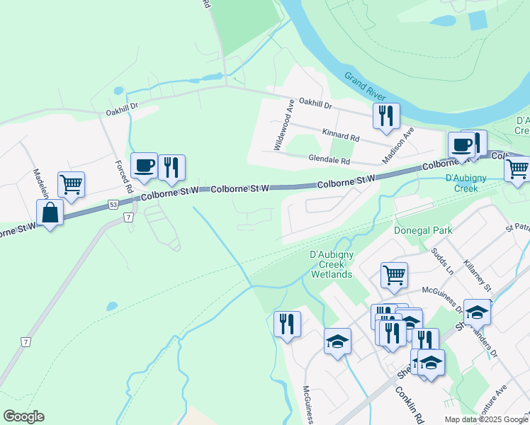 map of restaurants, bars, coffee shops, grocery stores, and more near 620 Colborne Street West in Brantford