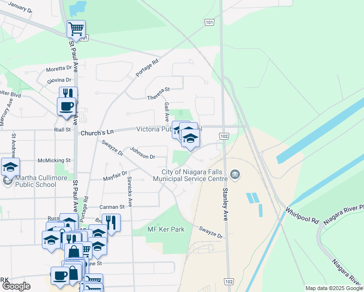 map of restaurants, bars, coffee shops, grocery stores, and more near 5635 Heritage Drive in Niagara Falls