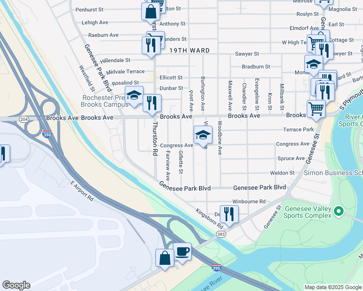 map of restaurants, bars, coffee shops, grocery stores, and more near 413 Congress Avenue in Rochester
