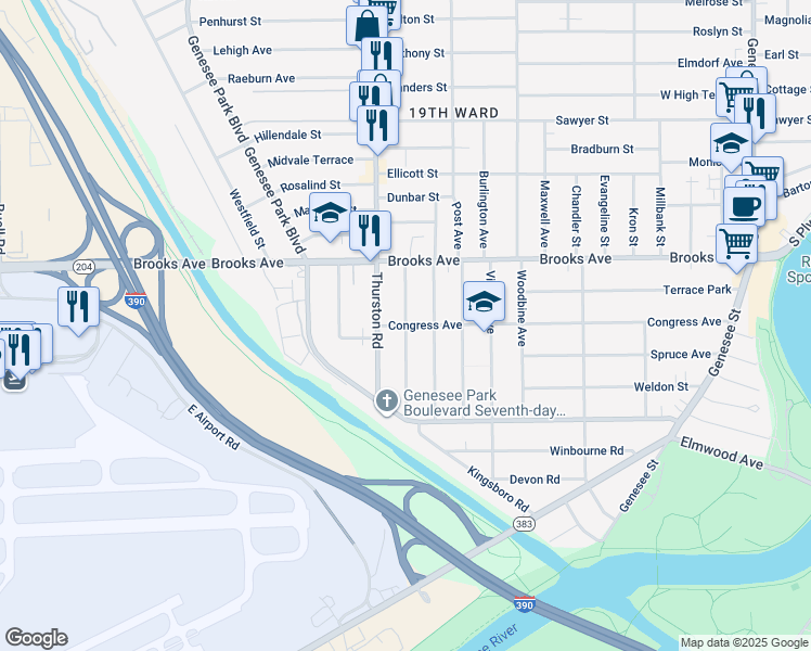 map of restaurants, bars, coffee shops, grocery stores, and more near Fairview Avenue in Rochester