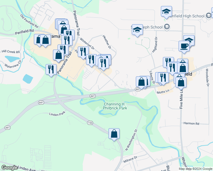 map of restaurants, bars, coffee shops, grocery stores, and more near 1707 Penfield Road in Penfield