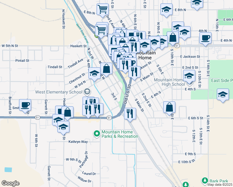 map of restaurants, bars, coffee shops, grocery stores, and more near 180 South 3rd West in Mountain Home