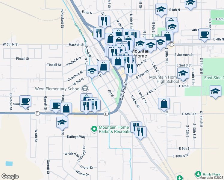 map of restaurants, bars, coffee shops, grocery stores, and more near 180 South 3rd West in Mountain Home