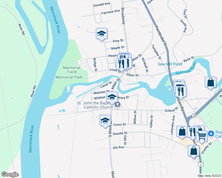 map of restaurants, bars, coffee shops, grocery stores, and more near 73 Main Street in Allenstown